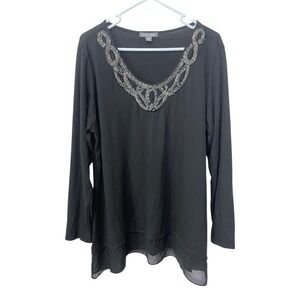 Roz & Ali Womens 2X Black Sweater Blouse Beaded Neckline Sheer Waist Goth Y2K